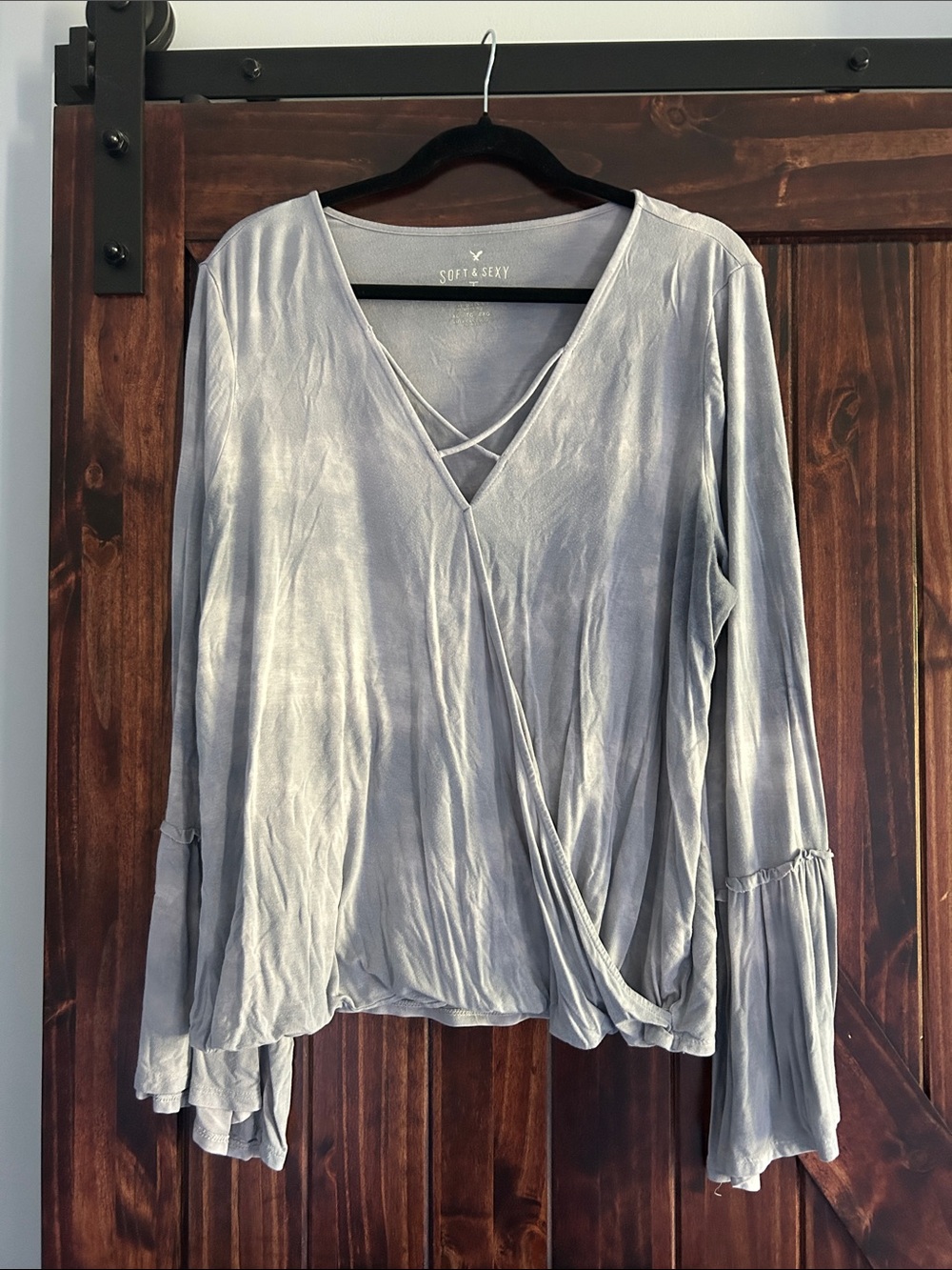 American Eagle Outfitters Silver Metallic Wrap Front Blouse